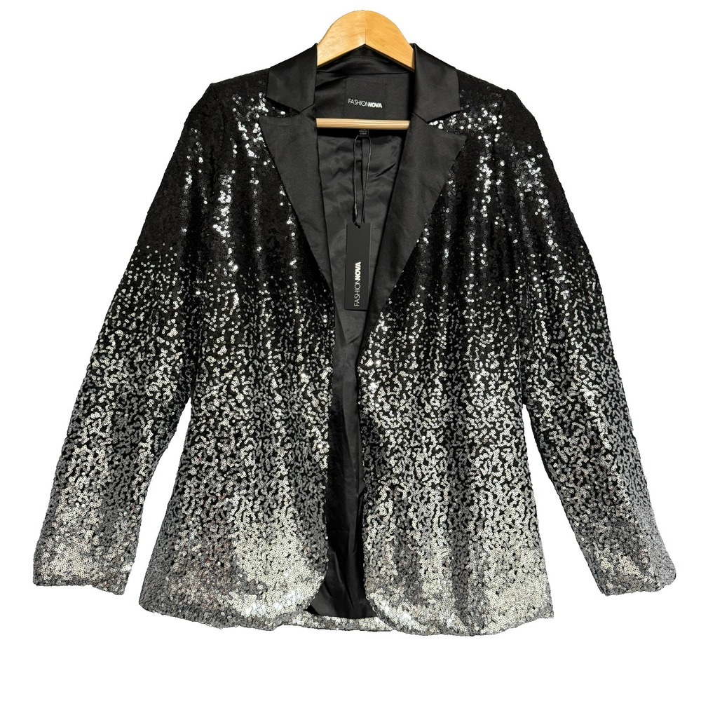 Fashion Nova Sequin Ombre Blazer Jacket XS Black Silver Glam Party Night Out New